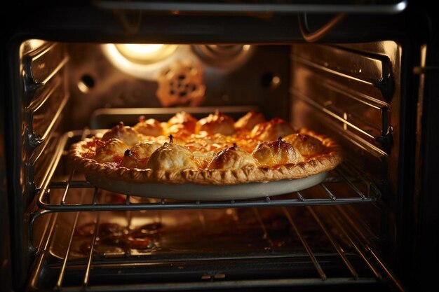 Photo a pie baking in the oven with golden brown crust pie image photography