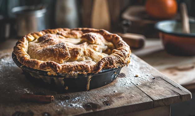 A pie on country wooden table and rural background illuminated with natural sunlight