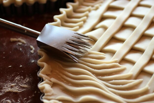 Photo pie crust being crimped with a fork for a decorative pie picture photography