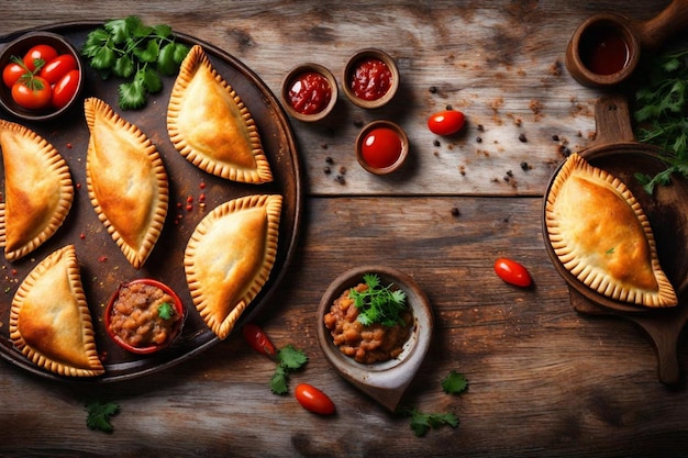 a pie pan with pies and pies on a wooden table