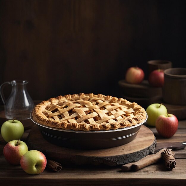 a pie sits on a table with apples and a glass jar