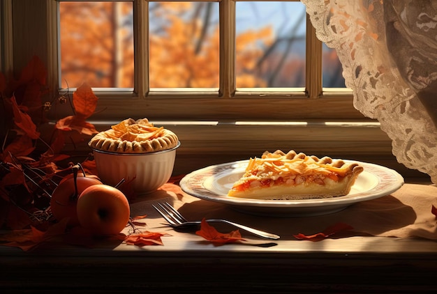 pie sliced on a white plate in front of autumn foliage in the style of jeffrey t