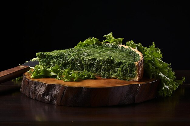 Pie stuffed with greens on black cutting board