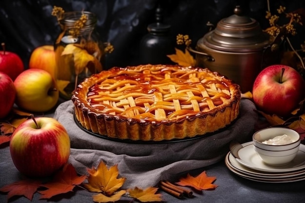 Photo a pie with apples and apples on a table with a candle in the middle