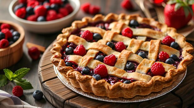 a pie with berries and cranberries on a wooden table