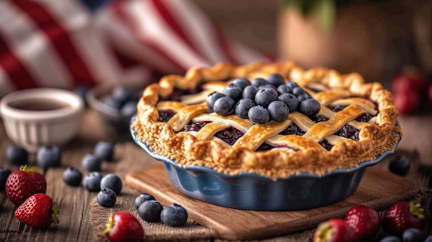 Photo a pie with blueberries and strawberries on a wooden table ai