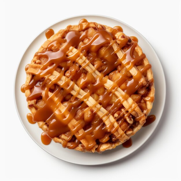 Photo pie with caramel on a plate isolated on white background top view