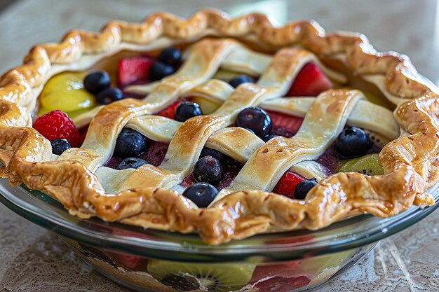 A pie with a colorful mixed fruit filling showcasing variety