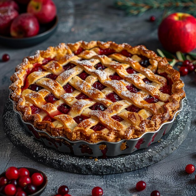 a pie with cranberries and cranberries on a table