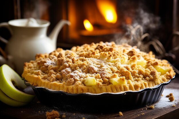 A pie with a crumble topping before baking