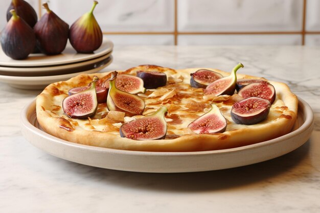 A pie with figs in a white plate on the marble