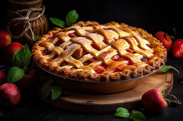 A pie with a lattice crust and a basket of fresh strawberries on a wooden table.