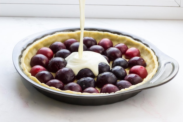 Pie with plum and sour cream filling Shortbread pie