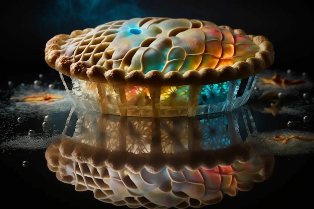 A pie with a rainbow colored glaze on it