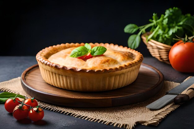A pie with a straw basket of basil on the side