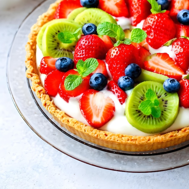 Foto una torta con fragole, kiwi, mirtilli e panna montata su un piatto di vetro