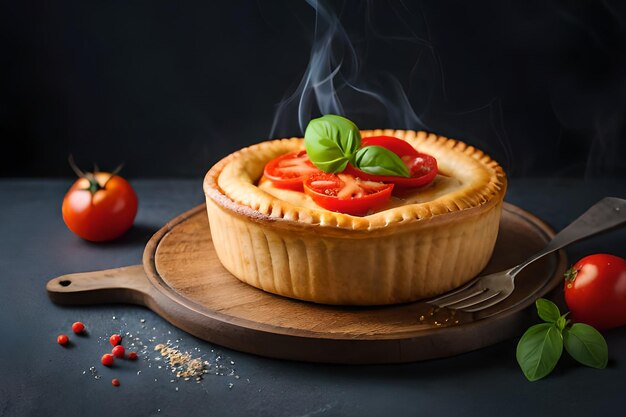 A pie with tomato and basil on a wooden board