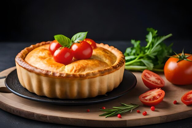 A pie with tomatoes on top and a sprig of rosemary on the side.