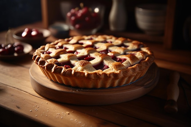 A pie on a wooden plate with a cherry pie on it