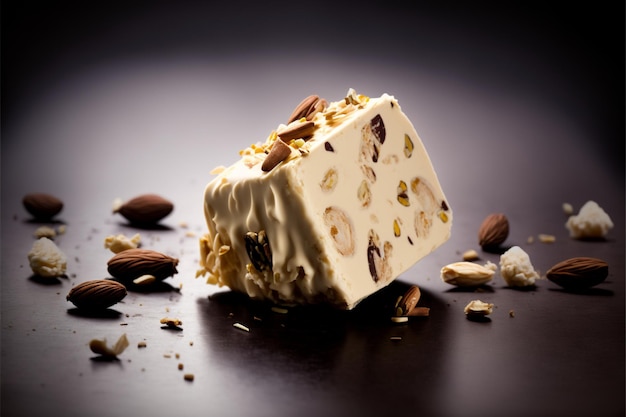 A piece of almond cheese with nuts on a dark background