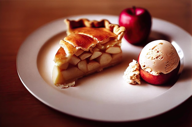 테이블 위에 있는 접시에 아이스크림을 얹은 사과 파이 한 조각