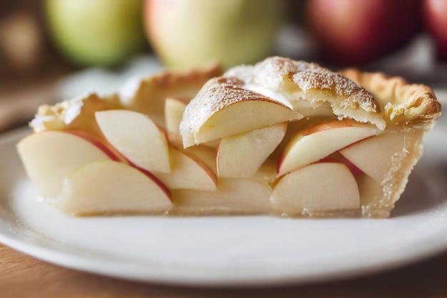 Piece of apple pie with thin slices of fruit in plate