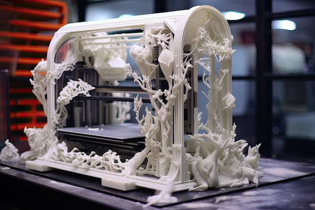 Photo piece of art at the universal exposition on the theme of food in milan the 3d printing machine make the 3d prototype model by resin material ai generated