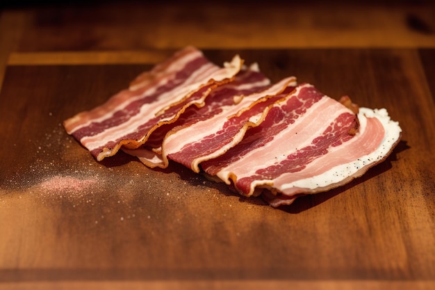 A piece of bacon on a cutting board with a small pile of bacon on it.