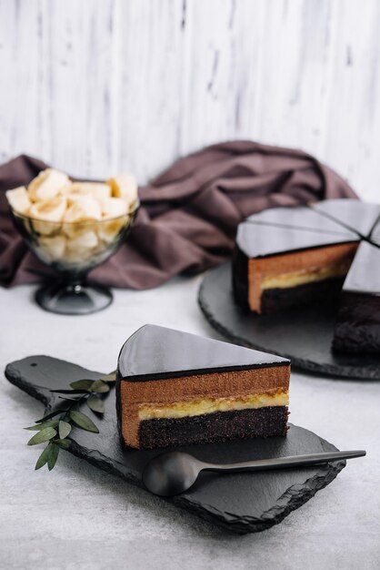 A piece of banana chocolate mousse cake