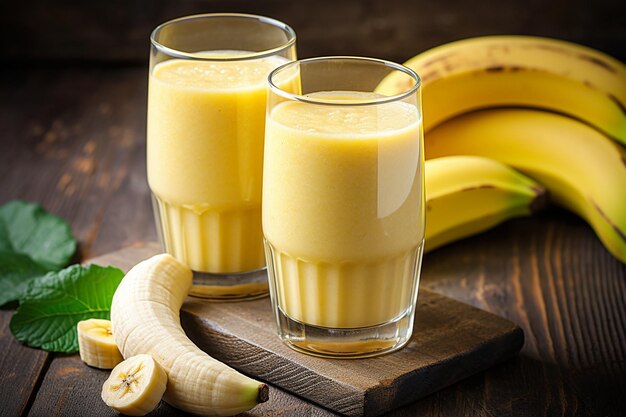 A piece of banana in a glass with a banana smoothie