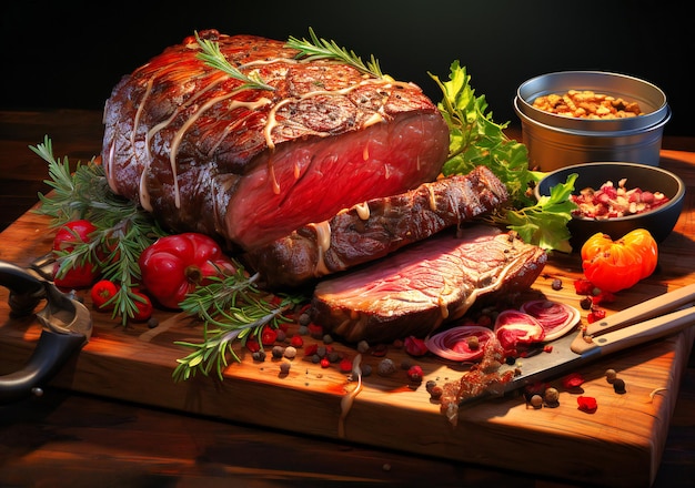 a piece of beef sliced and sitting on a wooden board