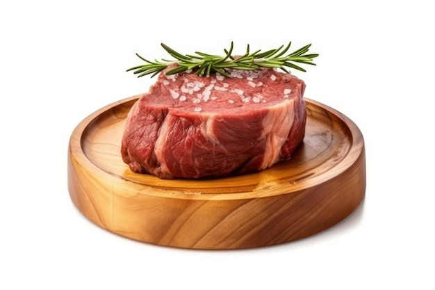 A piece of beef with a sprig of rosemary on it.