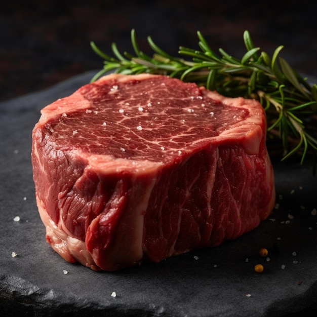 A piece of beef with a sprig of rosemary on a slate surface