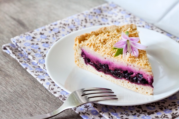 Piece of blueberry cake on a plate