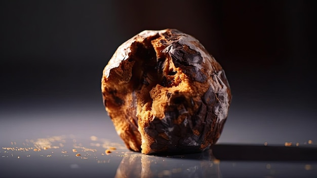 A piece of bread on a table with a dark background