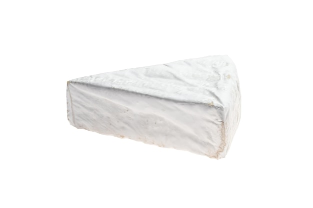 Piece of brie or camembert cheese isolated on white background Soft cheese covered with edible white mold A single object has a triangular shape