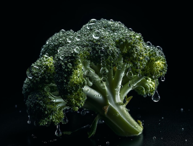 A piece of broccoli is covered in water droplets.