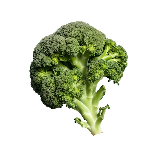 A piece of broccoli is shown with the tip of the stem.