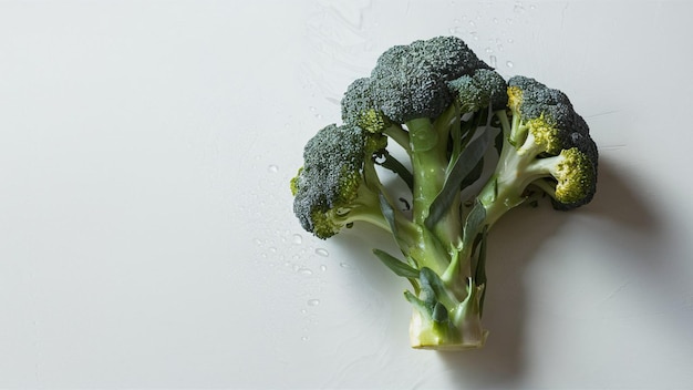 a piece of broccoli sits on a white surface