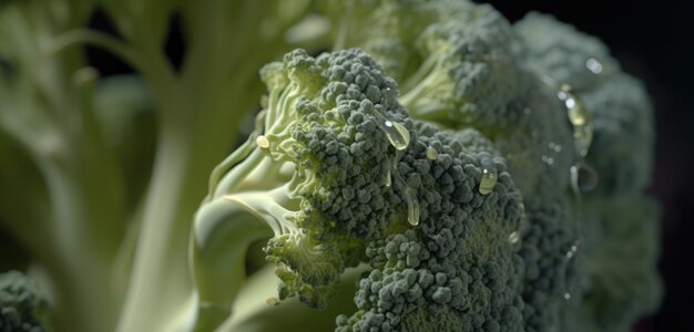 A piece of broccoli with water drops on it