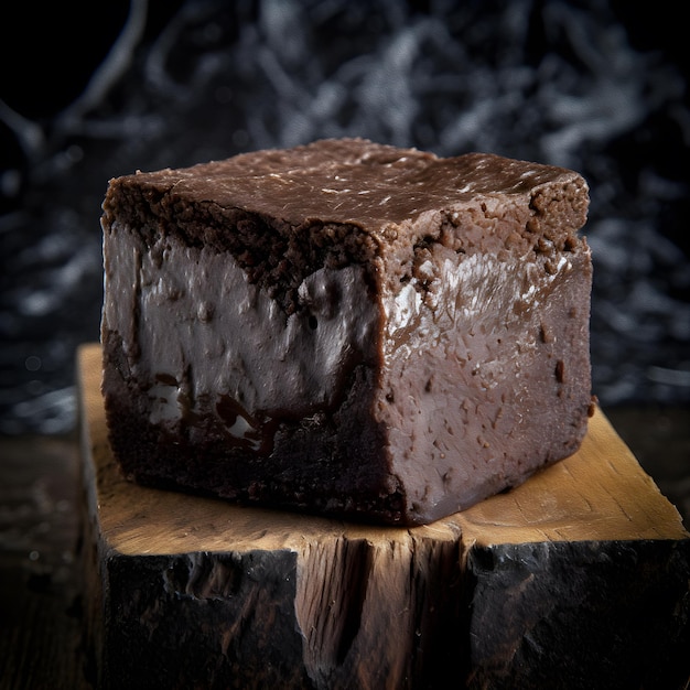 A piece of brownie with chocolate on top of a piece of wood.