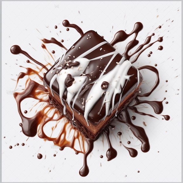 A piece of brownie with white icing and chocolate drizzle.