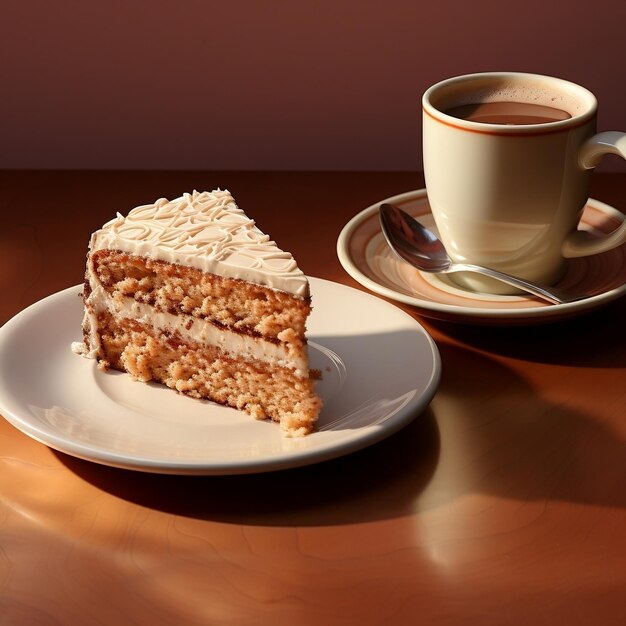 Foto un pezzo di torta e una tazza di caffè su un tavolo