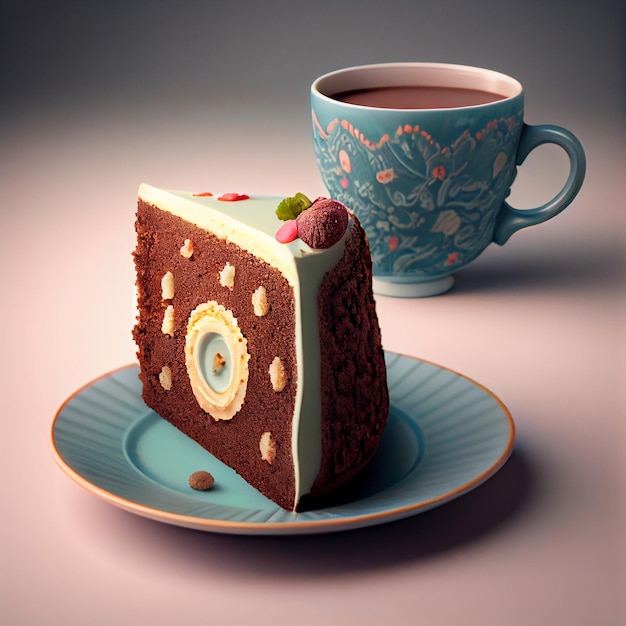 Piece of cake on a plate next to a cup of coffee generative ai