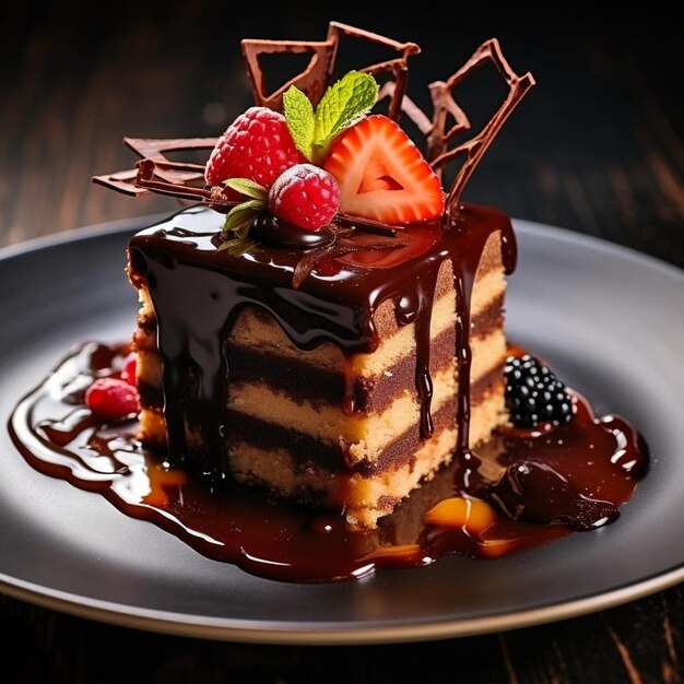 a piece of cake on a plate with chocolate sauce and berries