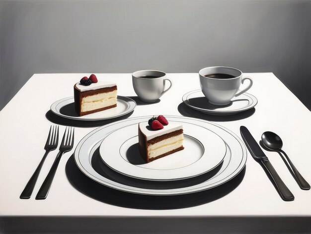 a piece of cake on a plate with a cup of coffee and a fork