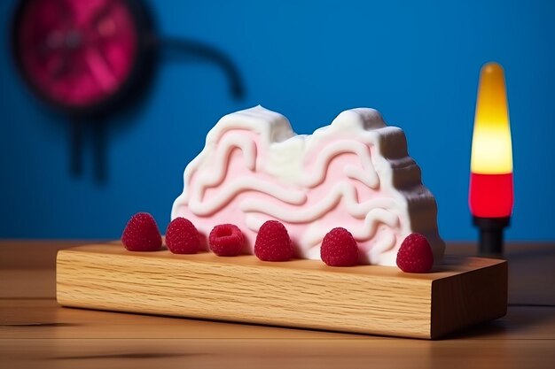 A piece of cake on a plate with raspberries