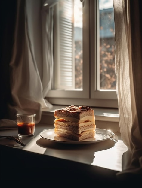 窓の隣のテーブルの上にコーヒーを飲んでいるケーキの塊