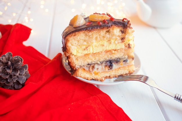 A piece of cake on a white table