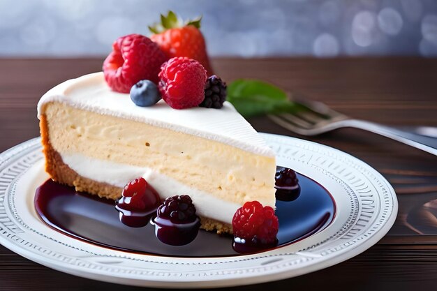 Photo a piece of cake with berries and berries on a plate.